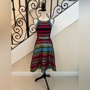 Eva Franco high low sample dress in striped taffeta cut out back dress!